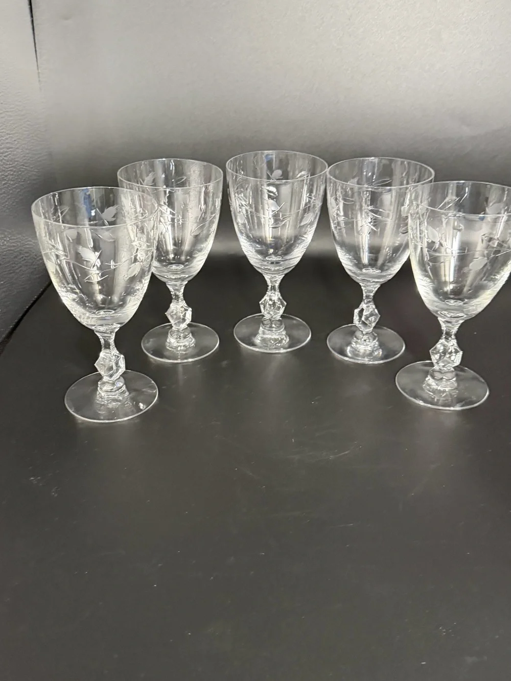 Vintage Etched Crystal Water Goblets  Faceted Stem Set of 5